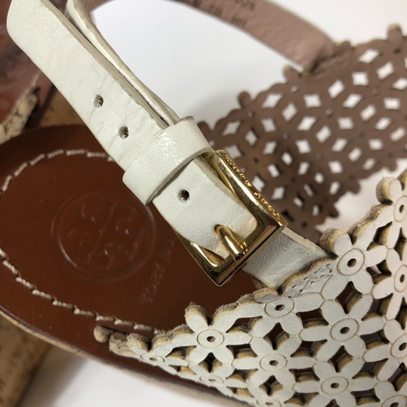 Tory Burch Ivory Flower Platform Wedge Leather Sandals Size 10.5 - Picture 9 of 11